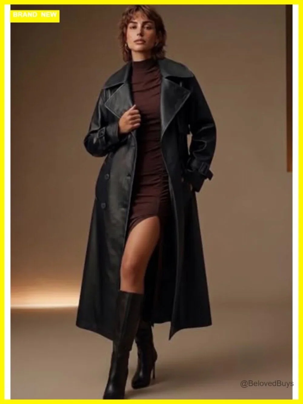 Women's Faux Leather Belted Trench Coat Long Sleeve Windproof Outerwear